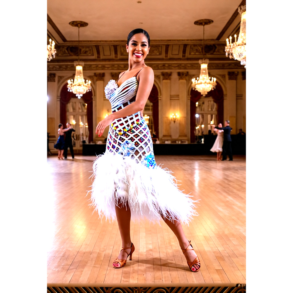 White Ballroom Dress with Swarovski Crystals Nude Mesh sequin flowers feathers 4